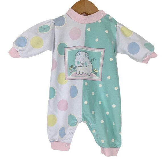 Vintage Baby Sz 0-3 Months Jumpsuit Bright FuturePastel Farm Animal Polka Dot